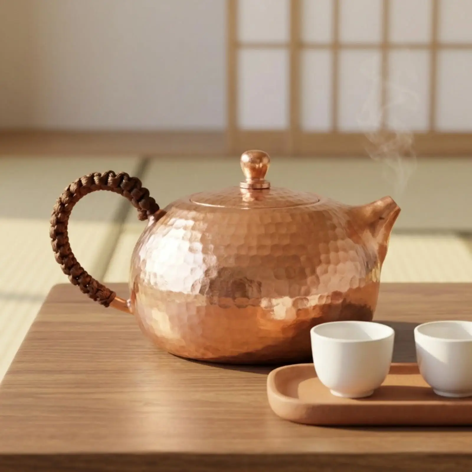 Hammered Copper Teapot Kettle for Gas Stove with Traditional Design and Comfortable Braided Handle