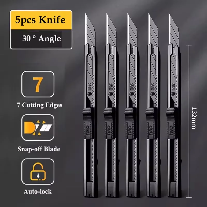 Deli 9mm Sharp 30 Degree Utility Knife Metal Stainless Steel Box Cutter SK5 Carbon Steel Black Blades Carton Paper Cutting