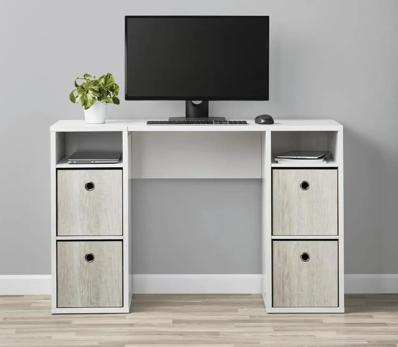 4-Cube Storage Desk, White Grain/Warm Walnut/Natural/Black Wood Grain