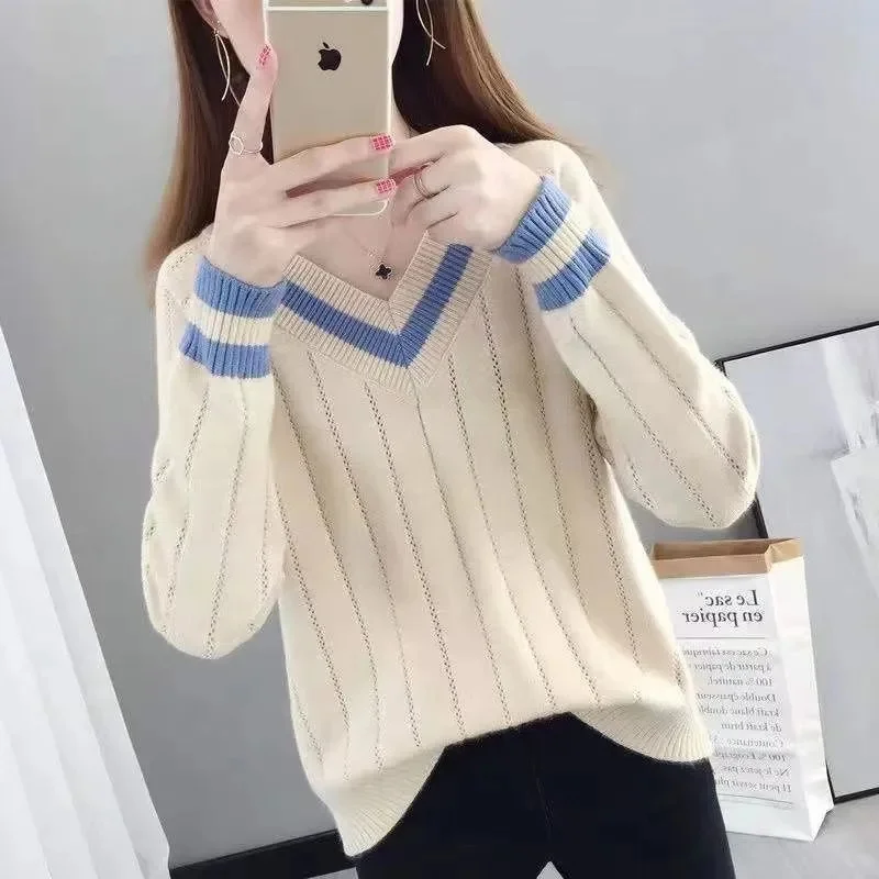 

2024 Womens Sweaters Spring Autumn V-neck Knitted Pullovers Loose Bottoming Shirt Cashmere Fashion Jumper Solid Pink Sweater