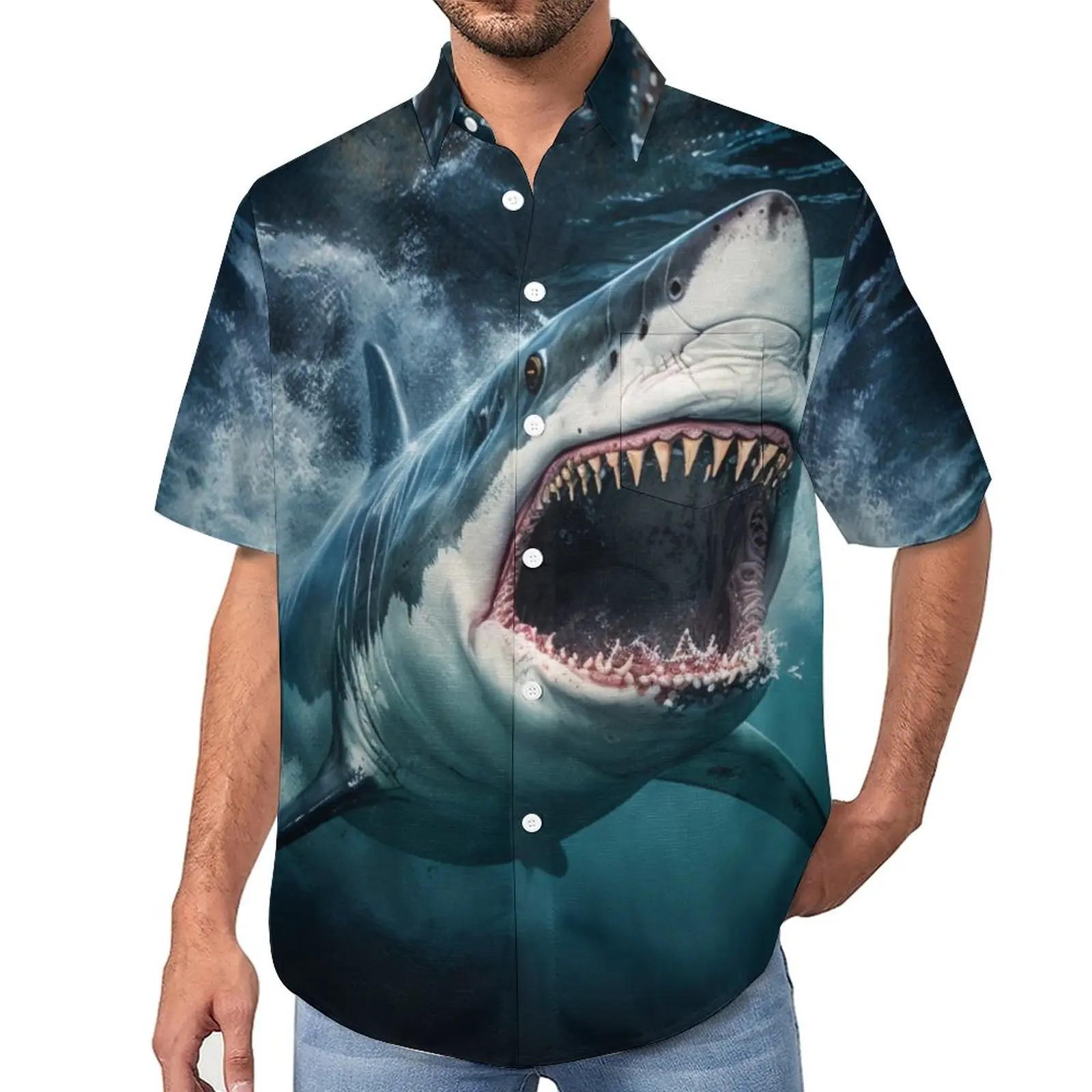 

2025 New Men's Shirts 3D Animal Print Clothes Fashion Button Short Sleeve Lapel Streetwear Hawaiian Shark Blouse Shirts For Men