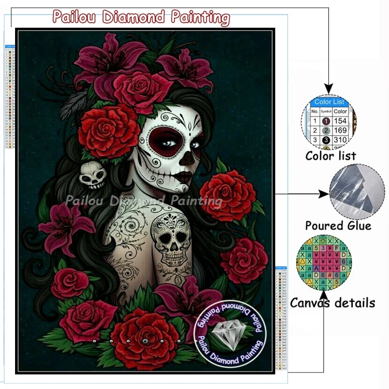 5d Sugar Skull Girl Diamond Painting Art Day Of The Dead Gothic Mexican Queen Catrina Tehuana Mosaic Cross Stitch Home Decor