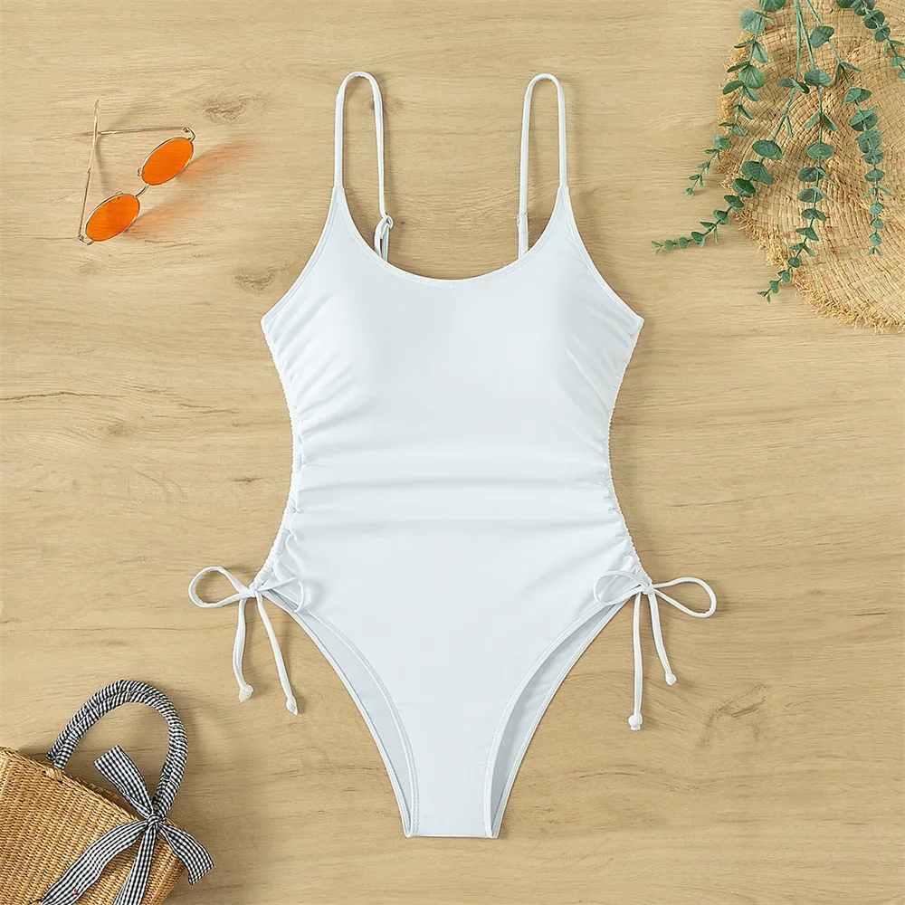 Bikini blanco con cordón plisado, traje de baño de una pieza Y2K, Monokini de tendencia, traje de baño Sexy para vacaciones, ropa de playa