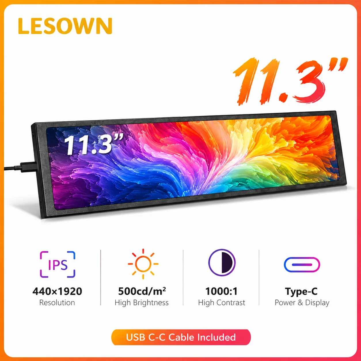 LESOWN 11.3 Inch Stretched Bar IPS Monitor HDTV Plug and Play PC Case Sensor Panel Secondary Screen