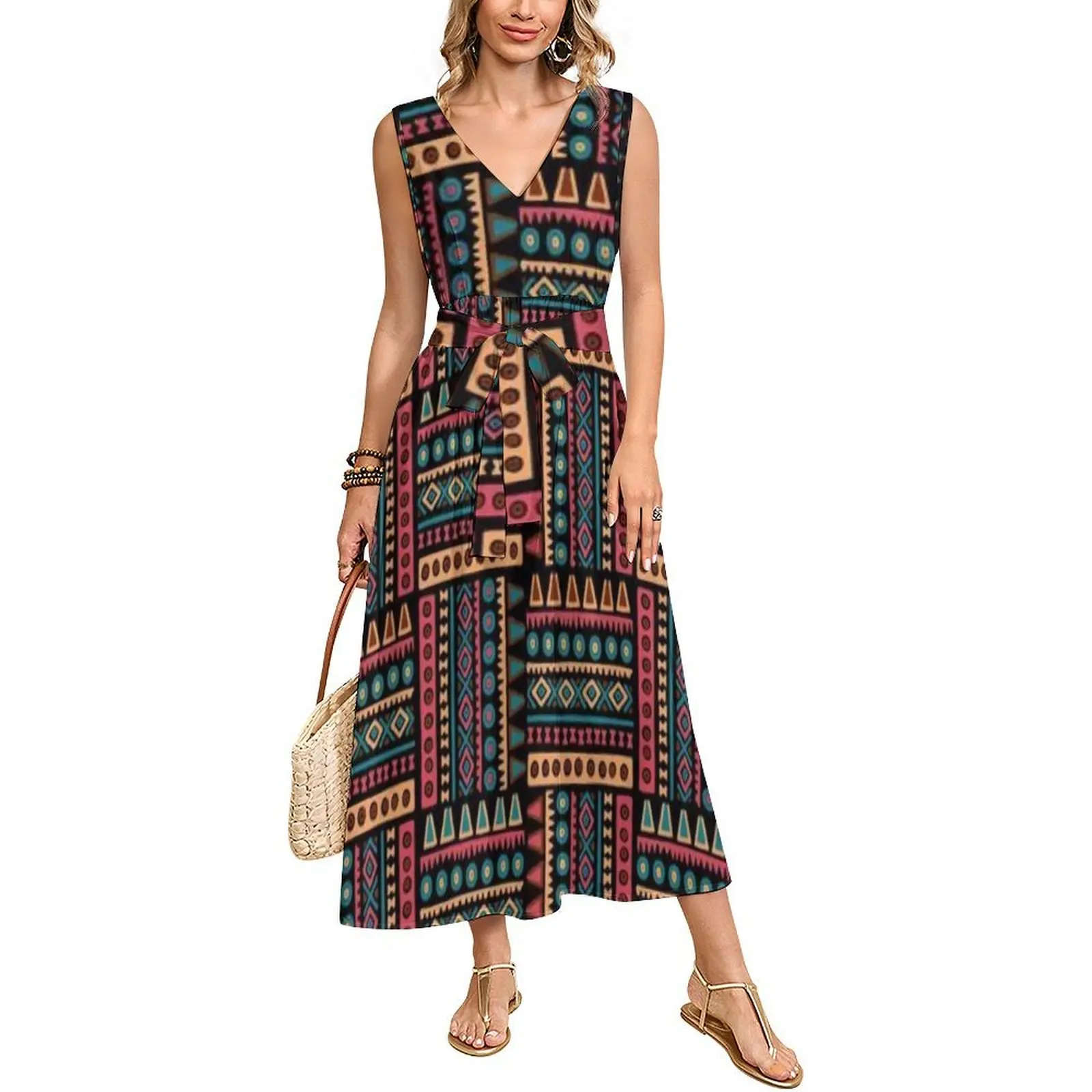 فستان طويل بتصميم حزام بدون أكمام للحفلات فضفاض وأنيق للصيف على جزيرة المحيط الهادئ، فستان طويل بطباعة نمط قبلي أزتيك جديد #4