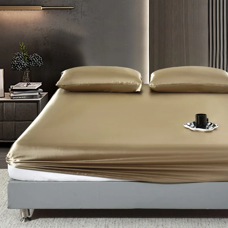 High-End Satin Fitted Sheet Solid Color Mattress Cover With Elastic Band Bedsheet Single Double Luxury Fit Sheet