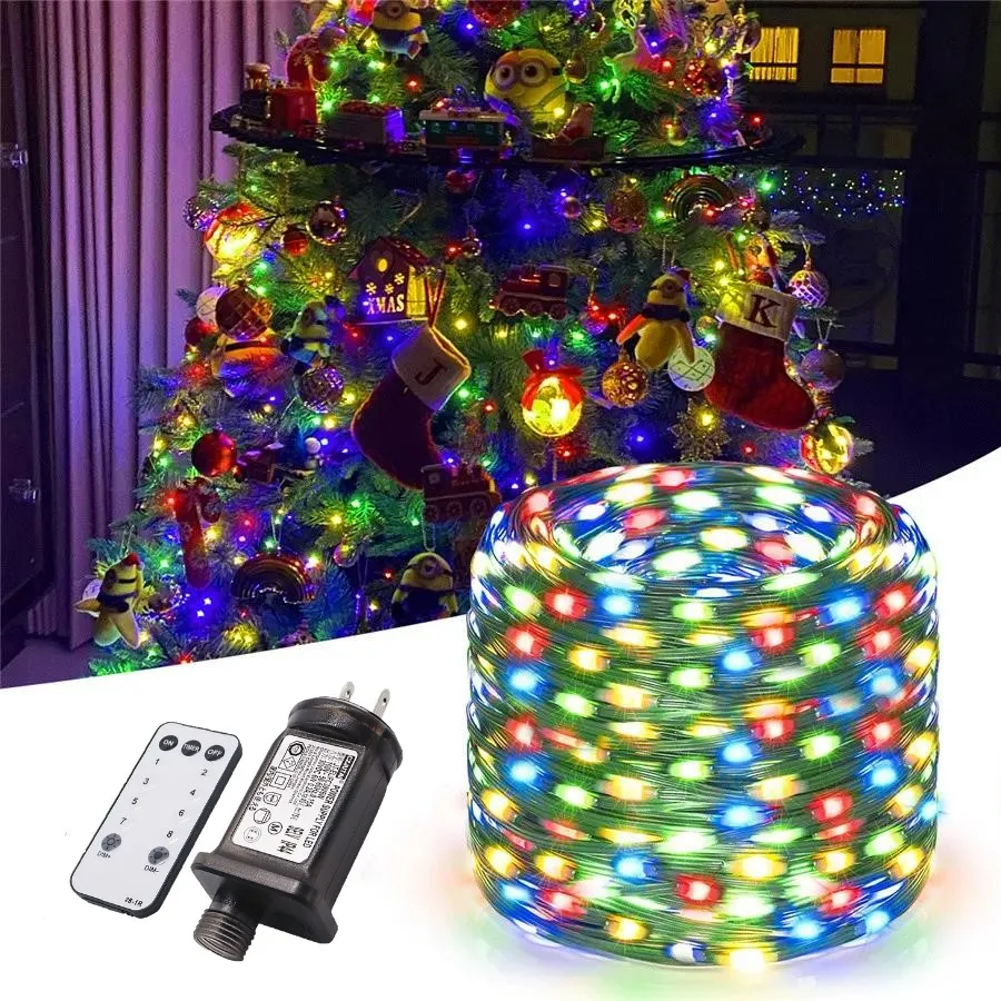 Christmas Decorations 2024, Lighting String 30m 50m 100m Green Wire LED Strip 31V US Plug Remote Control for Garden House Room