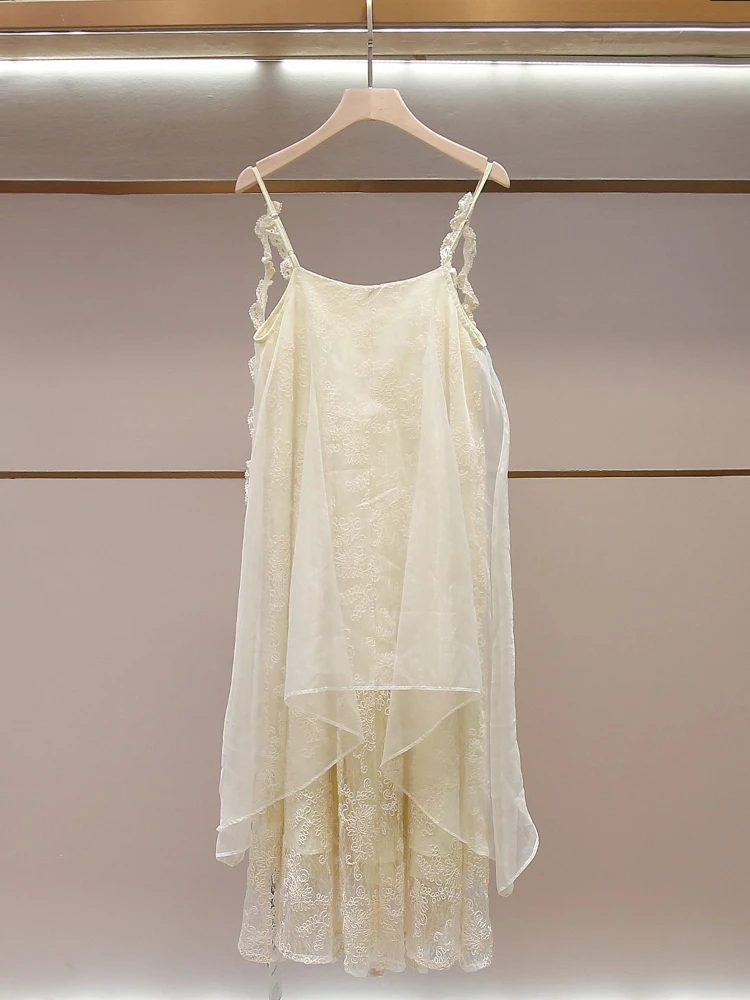 High End Women's Summer New Romantic French Elegant Lace Patchwork Backless Camisole Dress for Women