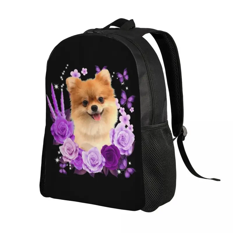 Mochila impermeável para homens e mulheres, Cão Pomeranian com flor rosa, Bolsa de escola universitária, Puppy Pet Bag, Estantes de impressão