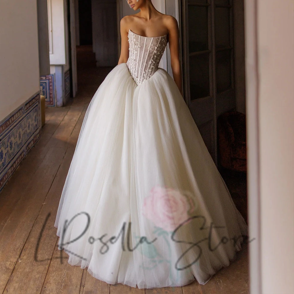 

LRosella Элегантное свадебное бальное платье без бретелек с 3D цветами по индивидуальному заказу и свадебное платье трапециевидной формы без рукавов, платья de novia 2025