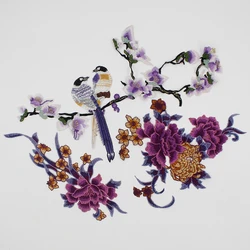 1set Embroidery Purple Flower Sewing on Patch Embroidery Bird Applique Clothes DIY Accessories