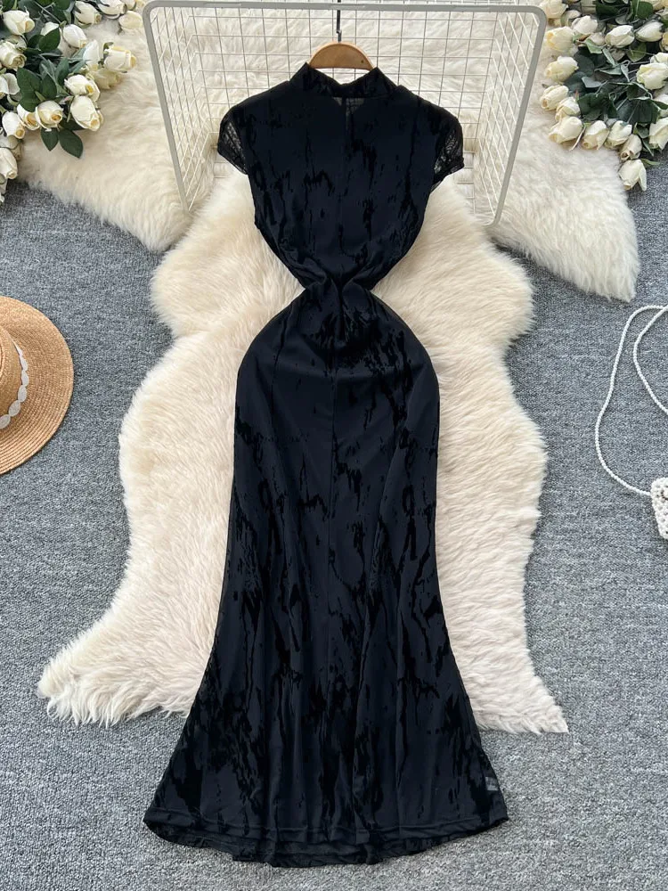 جديد الصينية Sle ort Sve المخملية المعاوضة تشيباو الدكتور عالية الخصر ألف خط تنورة الثقيلة التطريز الوقوف طوق المرأة الدكتور