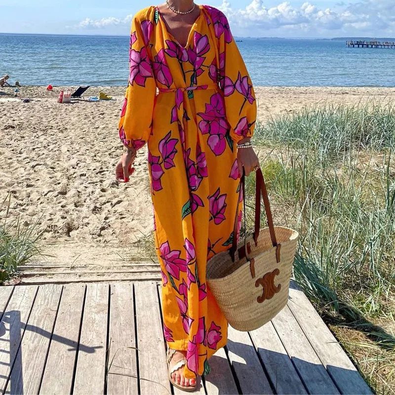 

Flower Printed Maxi Dresses Women Long Sleeved V-neck Leace-up Loose Beach Vacation Dress Fashion Casual Autumn Ladies Vestidos