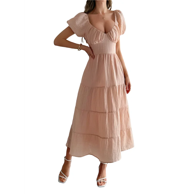 Abito longuette casual estivo da donna Abiti gonfi a maniche corte con scollo a V e volant a strati