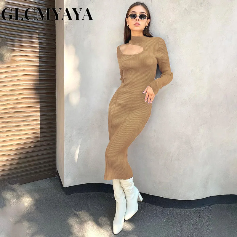 GLCMYAYA Women Half High Collar Hollow Out Woolen Fabric Long Sleeve Slim Dress 2023 Spliced Solid High Waist A-LINE Dresses