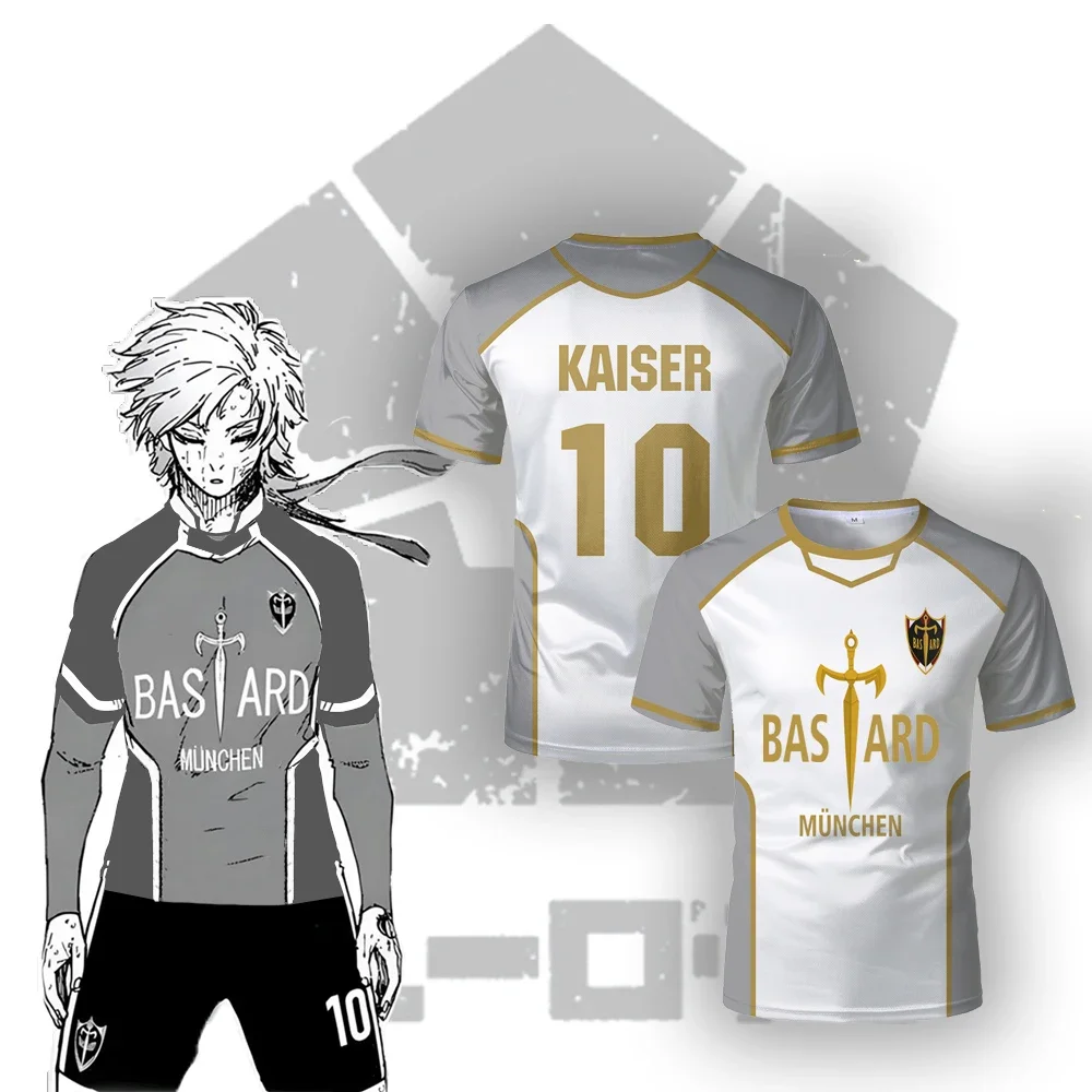 

Blue Lock Anime Bastard Mulnchen Mailot Mailot White T-shirt Football Man Kaiser Isagi Cosplay High Breathing Sports Boy T-shirt