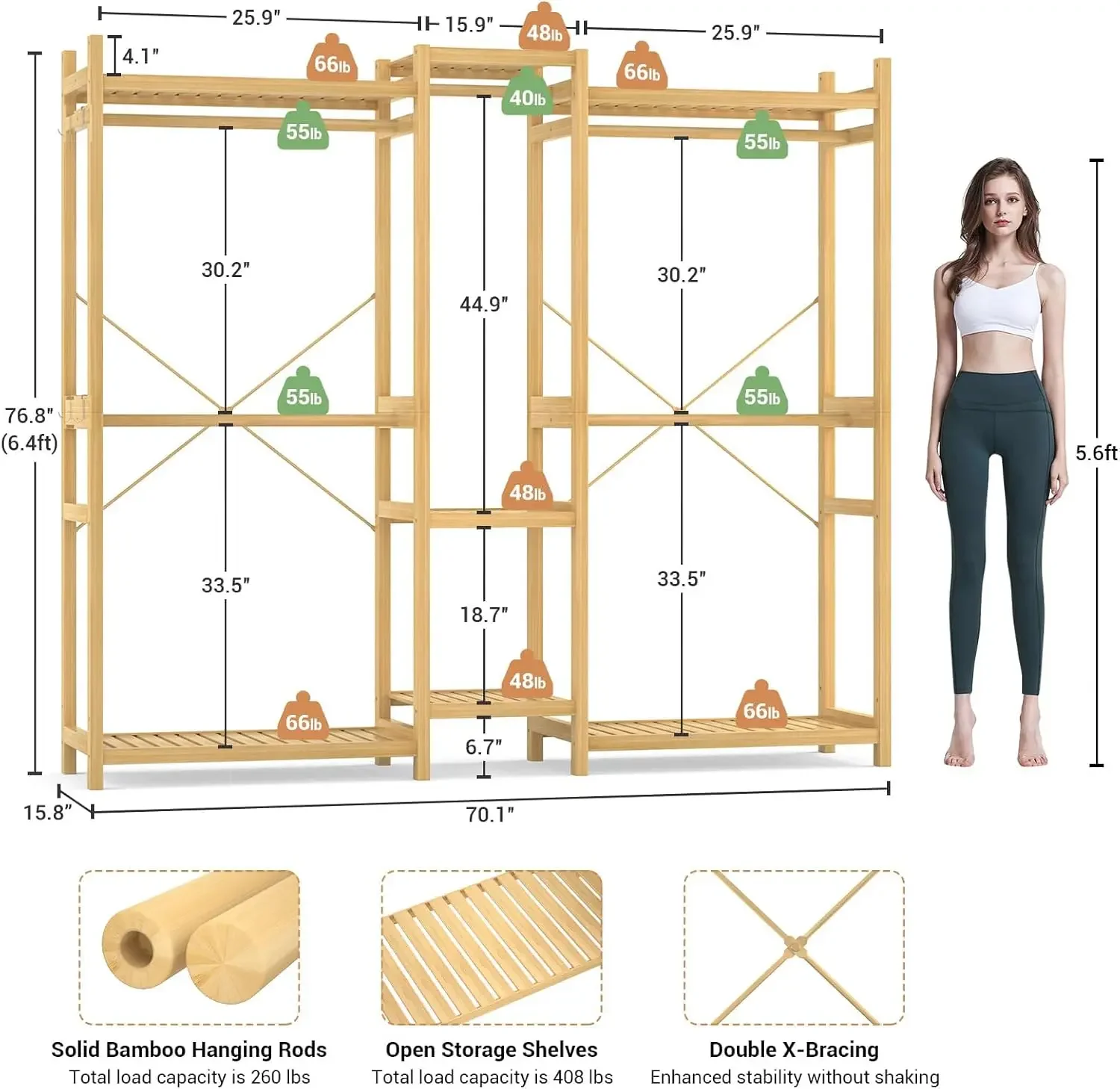 Bamboo Closet System Clothes Rack, Large Freestanding Garment Rack Clothing Rack for Hanging Clothes with 7 Storage Shelves and
