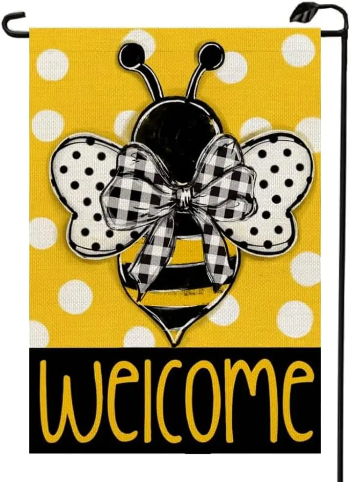 Welcome Summer Bee Garden Flag 12x18 Inch Double Sided Outside Small Burlap Bowknot Polka Dots Yard Decoration Flag XJ02