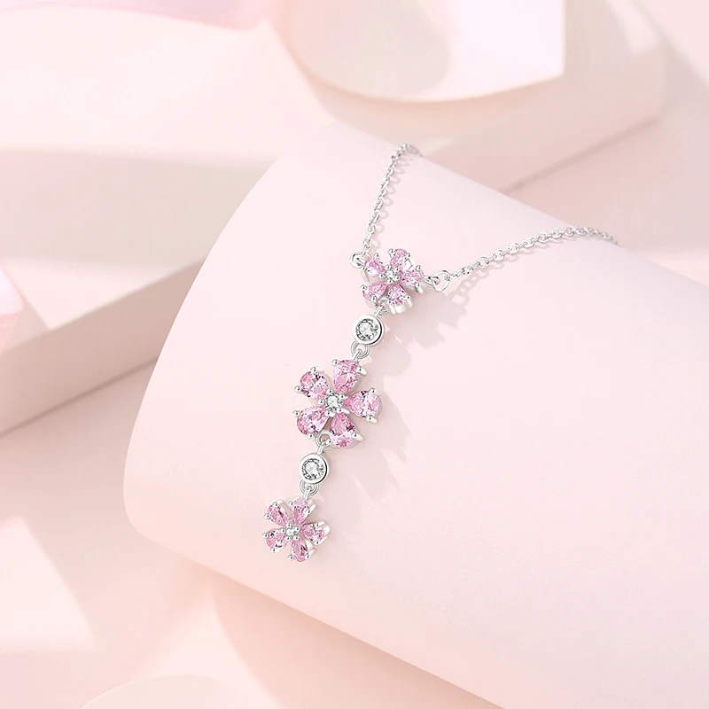 S925 Silver Tassel Plum Blossom Necklace For Women Pink Zircons Original Design Premium Peachy Flowers 45cm Comfortable Choker