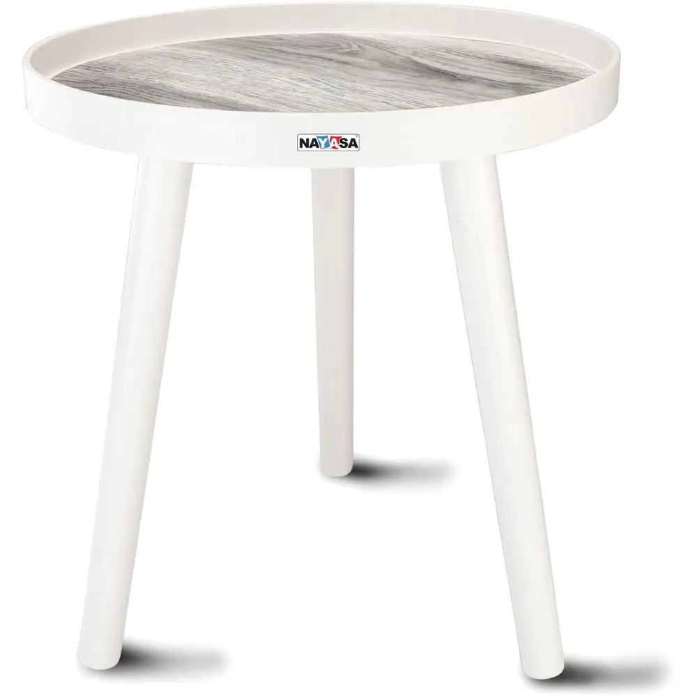 

Round Coffee Table with Stylish Wood Print, White and Grey