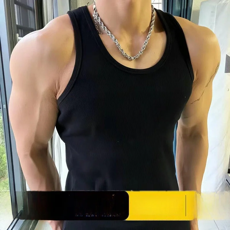 Men's Summer Fitness Breathable Sleeveless Ribbed Tank Top Sweat Absorbent Quick Dry Muscle Enhancing  Color T-Shirt