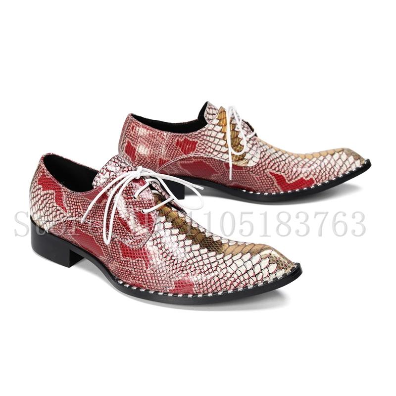 Men's Snake Print Oxford Shoes, Fashiond Design Pointed Toe Lace-Up Formal Dress Shoes for Wedding Party Business