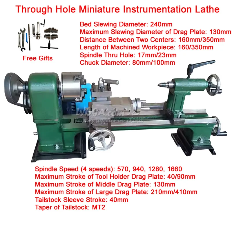 

Настольный миниатюрный токарный станок с сквозным отверстием 17 мм, 23 мм, с двойной рельсовой опорой MT2, 4-кулачковый патрон, ход 160 мм, 350 мм