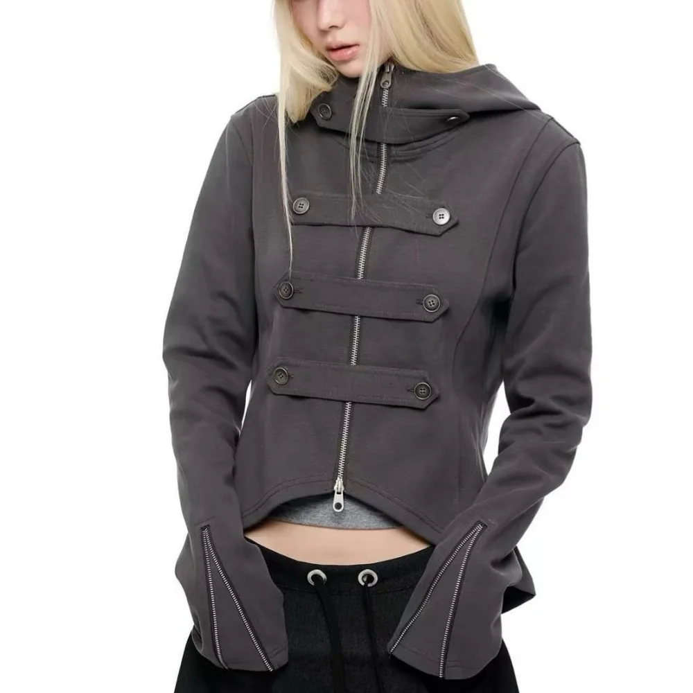 Y2K Korean Spice Girl Hooded Jacket with Multi-breasted Decoration and Double Zipper Waist Short Sweater Jacket.