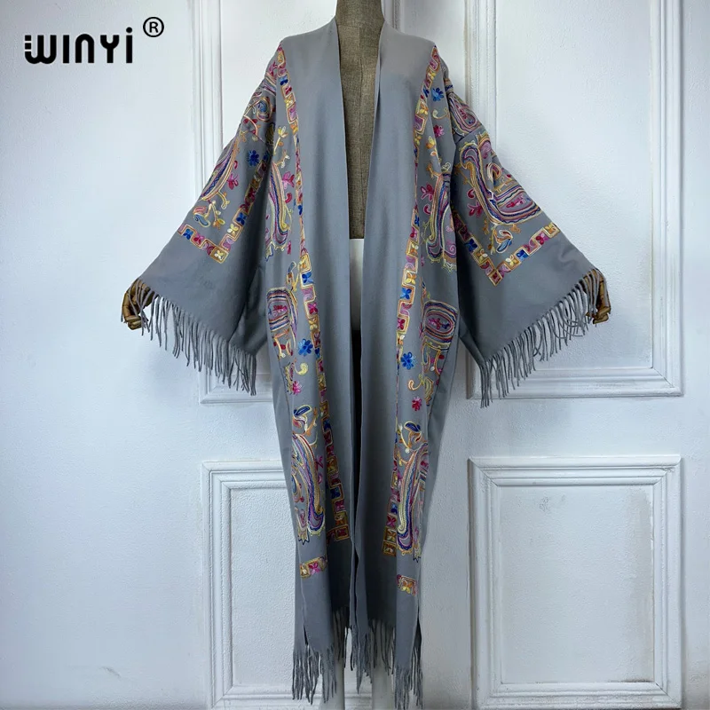 WINYI kimono Embroidered tassel long down cardigan winter coats for women abaya dubai luxury Middle East fashion dresses womens