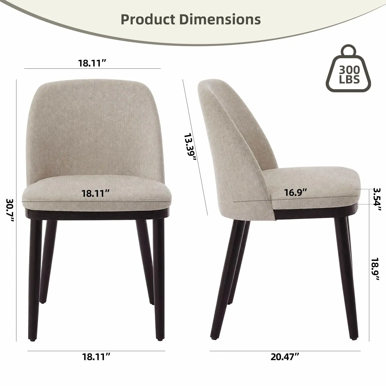Wooden Dining Chairs Set of 2 Linen Upholstered Kitchen Chairs（No Table）