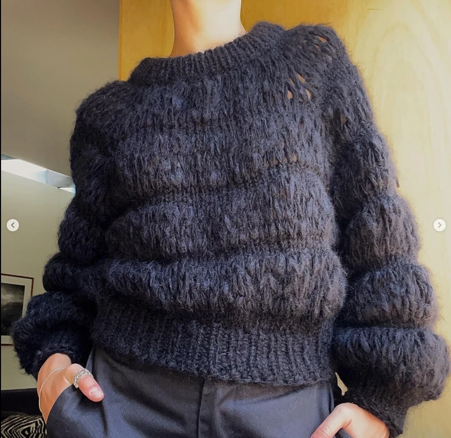 Black hollow out sweater short hand woven mohair sweater pullover knitted sweater women\'s stick needle thick thread top