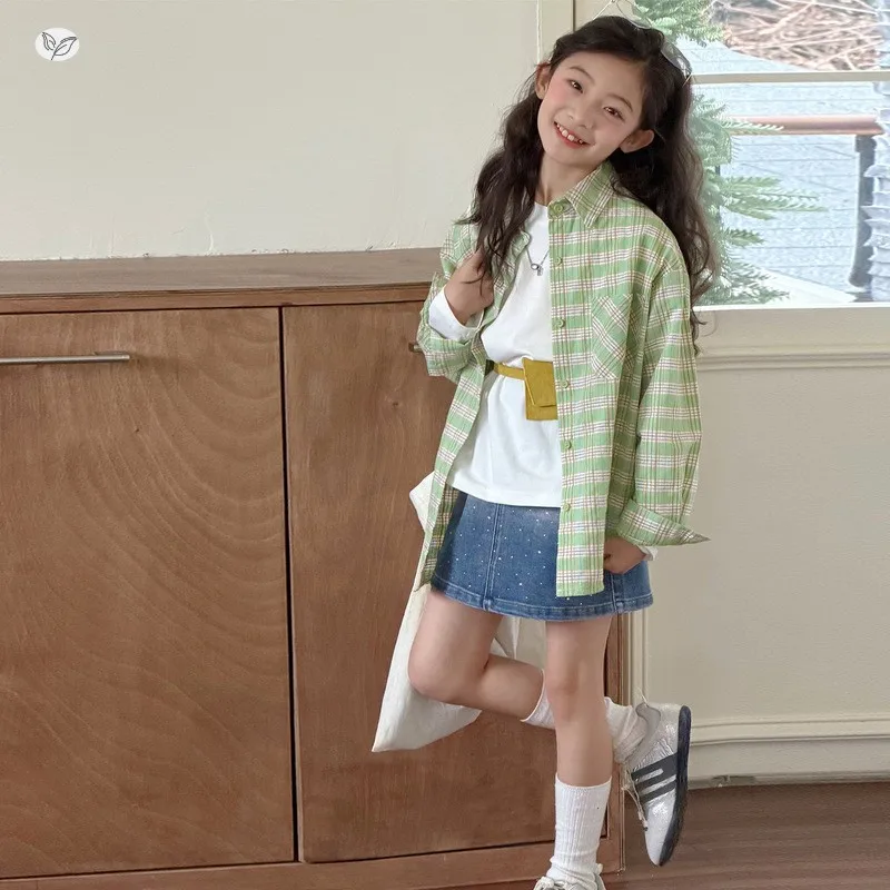 

Girls Spring Plaid Shirt loose outwear Long-Sleeved Shirt Gilrs Spring Clothing 5-16Y