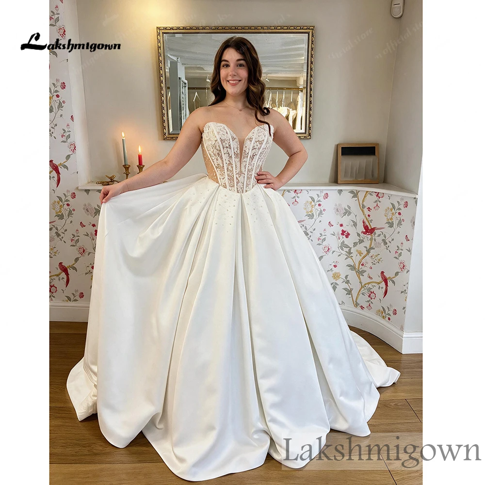 Lakshmigown Trägerloses Ballkleid Hochzeitskleid mit tiefem V-Ausschnitt, Spitzenkorsett, Satinrock, Perlenknöpfen, Brautkleid nach Maß – Detail 6