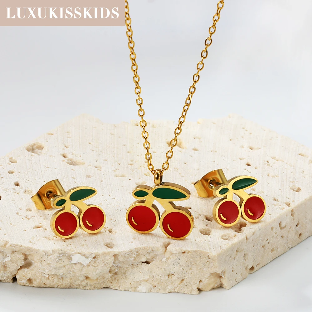 LUXUKISSKIDS Cherry Blossom Charms Jewelry Set Fashion Cute Red Cherries Pendant Necklace with Earring Girls Pink Color Jewellry