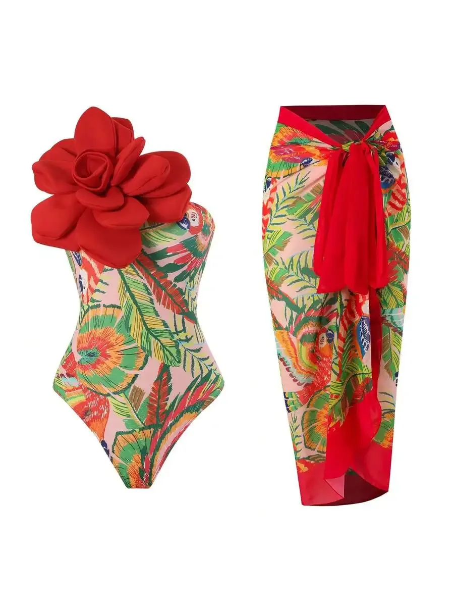 

One-Piece Floral Swimsuit With Skirt Bottom And Flower Accent, Modest Tummy Flattering Bathing Suit For Beach Vacation