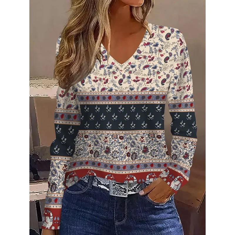 Women's Casual Long Sleeve T Shirt V Neck Full Body Graphic Print Abstract Painting Stripe Color Block Patchwork Fashion Elegant