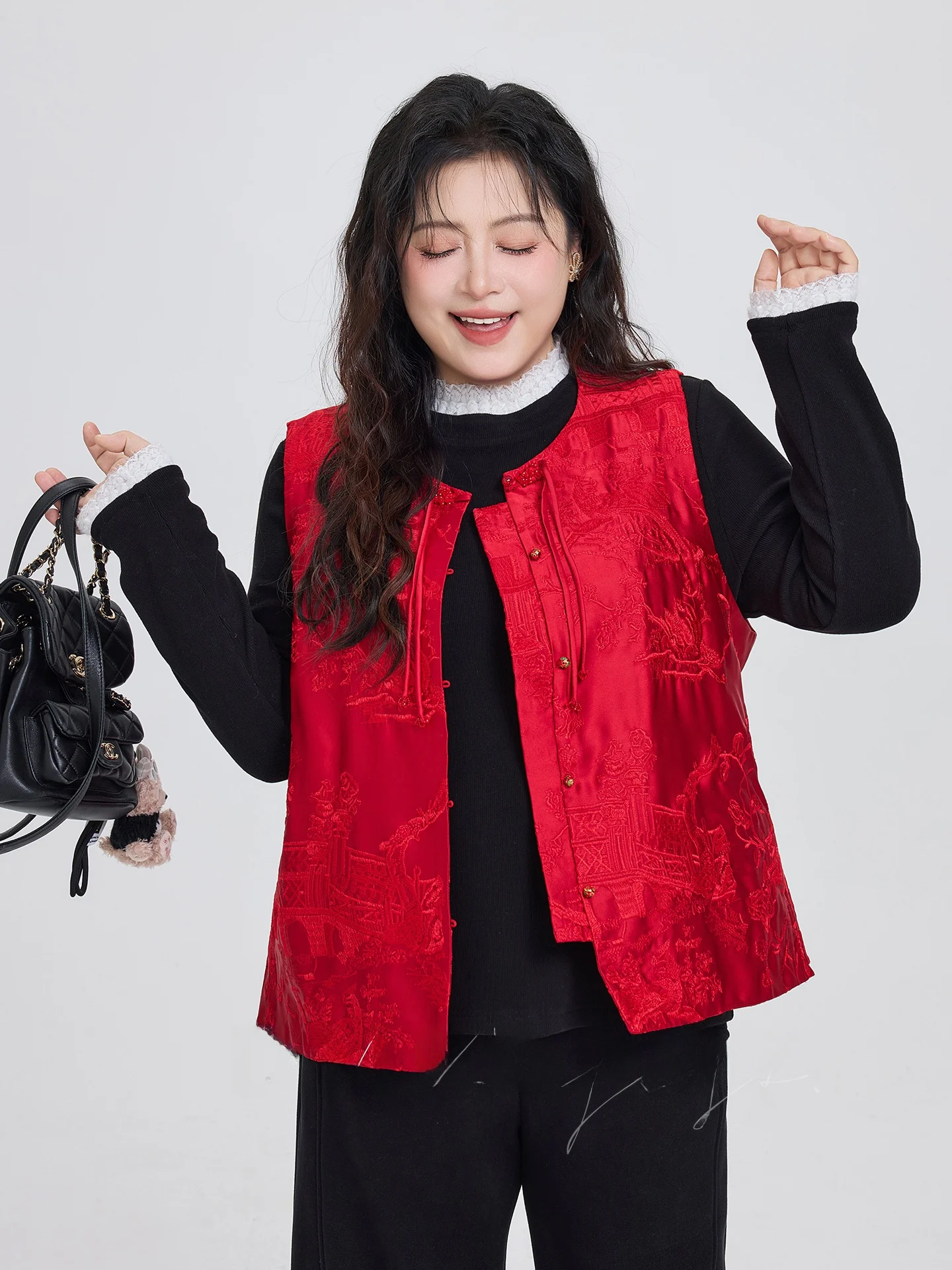 

Red Chinese Sle Svel Vest Outerwear for Women Casual Loose Fit round Ne Single Button Closure Winter New Arrival