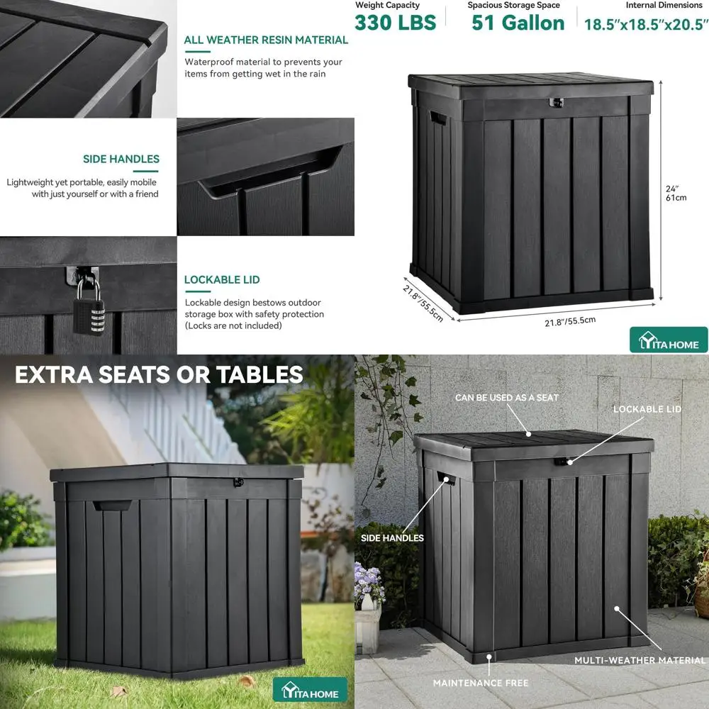 

Всепогодный ящик для хранения палубы емкостью 51-галонна с запирающейся крышкой для уличных подушек, снаряжения для бассейна и садовых инструментов — черный