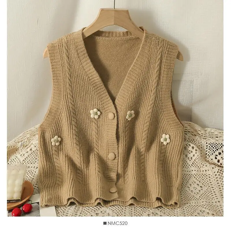Colete de malha de flor coreana para moda feminina outono e inverno, suéter curto em camadas, colete cardigã versátil doce e fresco