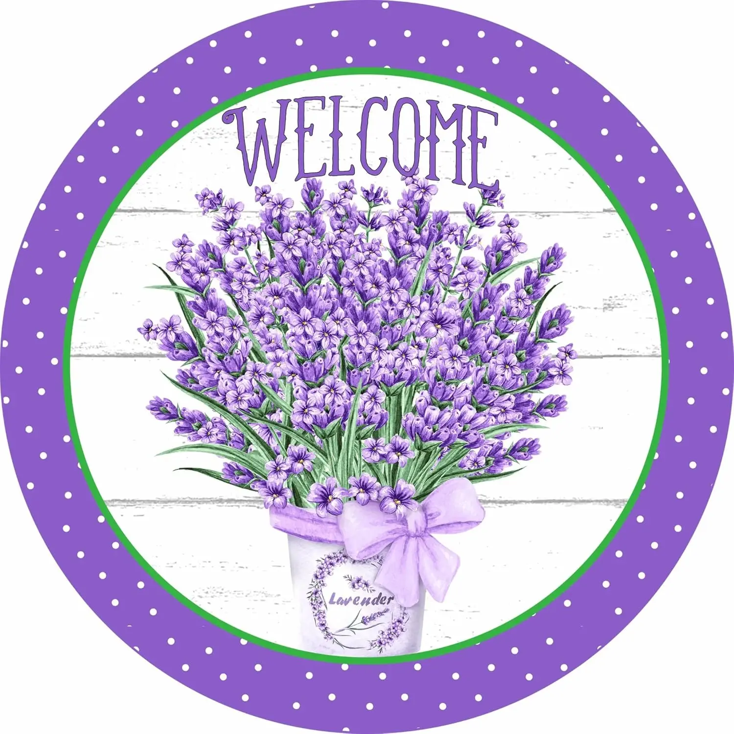 Welcome Sign Lavender Sign Spring Sign Purple White Polka Dot Sign Everyday Sign Round Metal Wreath Signs Round Metal Plaque for