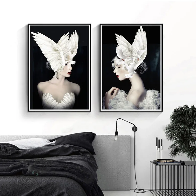 3pcs/Set Abstract Feather Fashion Woman Canvas Poster Picture Wall Art, Modern Nordic Living Room Bedroom Home Decoration Print