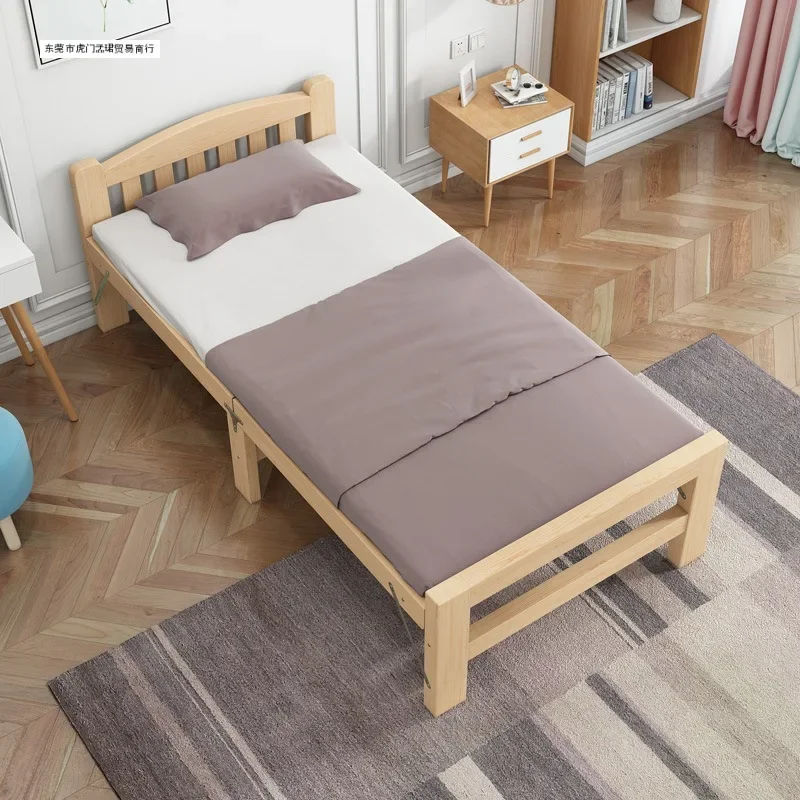 Folding bed single bed household wooden bed durable lunch small solid wood simple