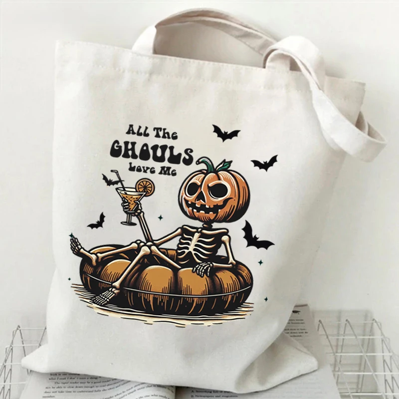 Women\'s Handbags Halloween Canvas Shopping Bag Cute Ghost Designer Bags for Women Vintage Horror Pumpkin Print Women Tote Bags