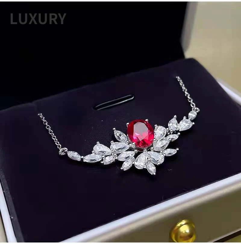 

Luxury 100% S925 Sterling Silver 7*9mm Synthetic Ruby Ice Flower Cut Pendant Necklace For Women Sparkling Wedding Fine Jewerly