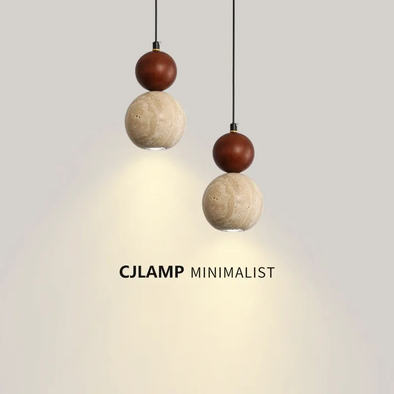Luma Cream Style Yellow Travertine Pendant Lights, Nature Stone Wood Hanging Lamps for Bedroom Bedside Restaurant Kitchen Island