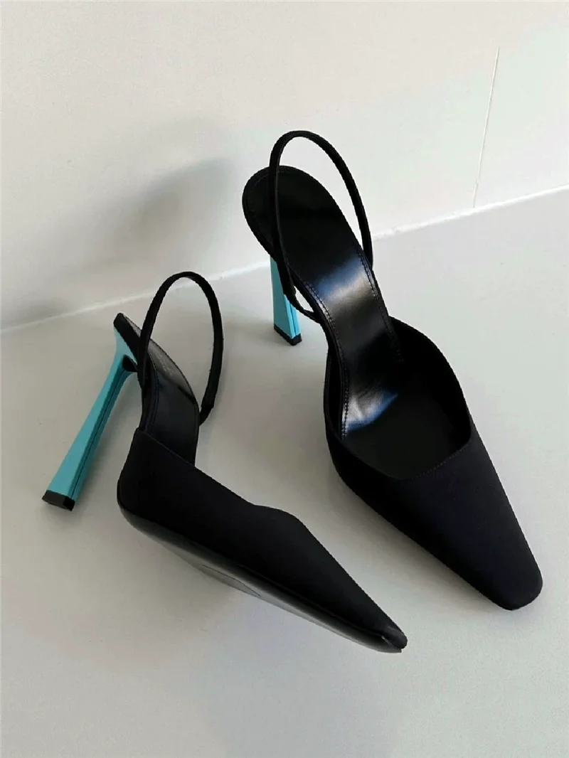 Summer new small square toe fabric back strap sandals for banquet dress small size blue slim square heel high-heeled women shoe