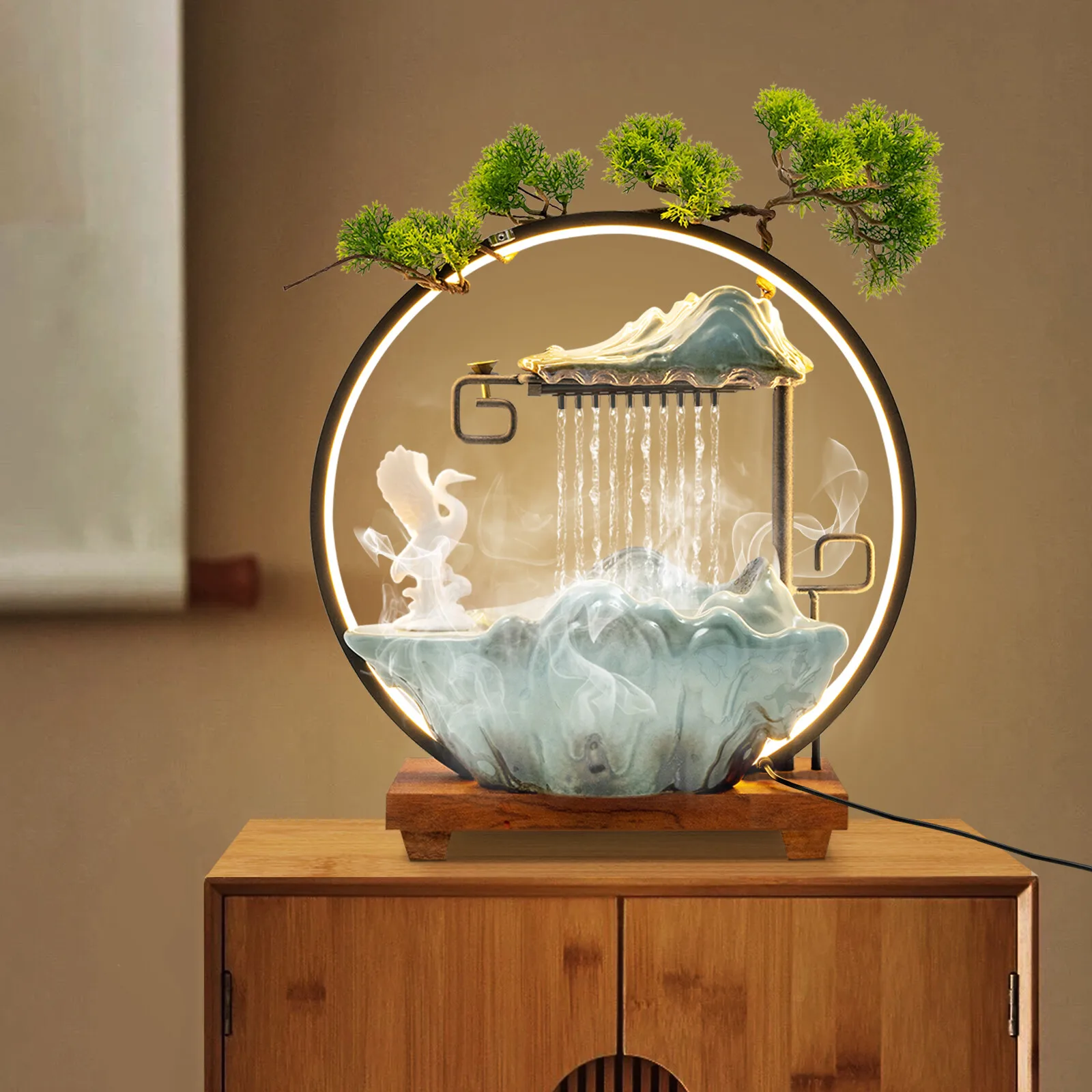 

Atmospheric Desktop Waterfall with LED Lighting,Multicolor Mist Fountain for Stress Relief, Soothing Zen Decor for Home & Office