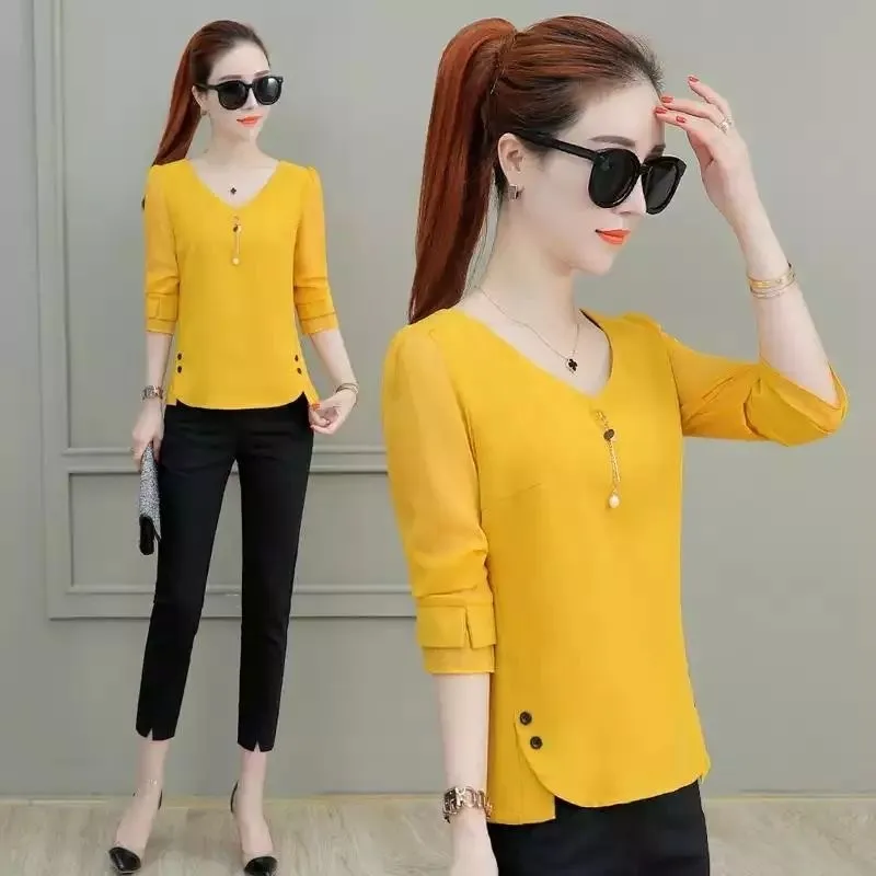 Women Spring Autumn Style Chiffon Blouses Shirts Lady Casual Long Sleeve V-Neck Blusas Tops DF1963