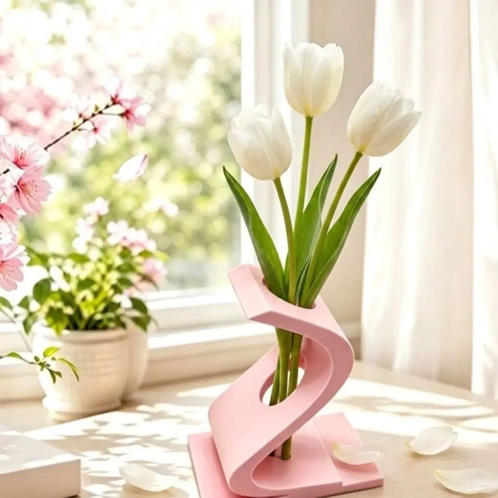 3D Printed S-shaped Twisted Vase Minimalist Hollow Out Flower Bouquet Holder Geometric Art Plastic Flower Ware Desktop