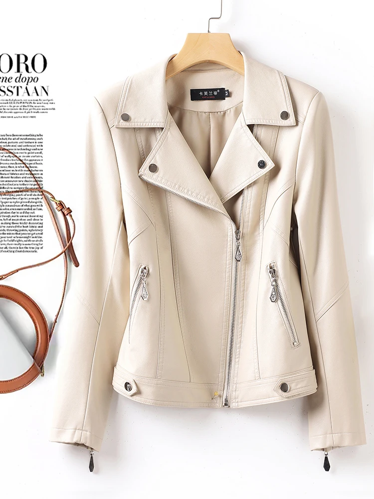 Giacca da motociclista in vera pelle da donna, slim fit, con colletto a giacca, alla moda, effetto snellente, Collezione Primavera 2025